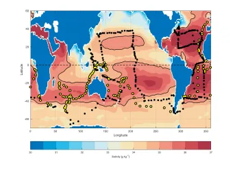 A map of the world which shows the tracks of HMS Challenger (black) and SMS Gazelle (yellow) with the global salinity pattern