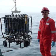 Doug Connelly deploying the *conductivity, temperature, depth (CTD) package into a calm Bransfield Strait