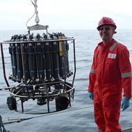 Doug Connelly deploying the *conductivity, temperature, depth (CTD) package into a calm Bransfield Strait 