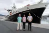 NOC's Daniel Woods, Her Majesty’s Ambassador to Portugal, Lisa Bandari, and Rui Caldeira, President of ARDITI (left to right), pictured in front of the RRS Discovery