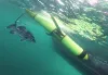 Submarine glider being recovered, accompanied by a rare Atlantic Wreckfish