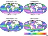 Observed vs MEDUSA-simulated primary production for northern summer (top) and northern winter (bottom) [from Yool et al., 2013]