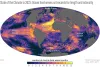 Global map of the number of months each ocean location experienceed heatwave conditions in 2023, showing how large parts of each ocean basin experienced at least a few months of extreme heat.